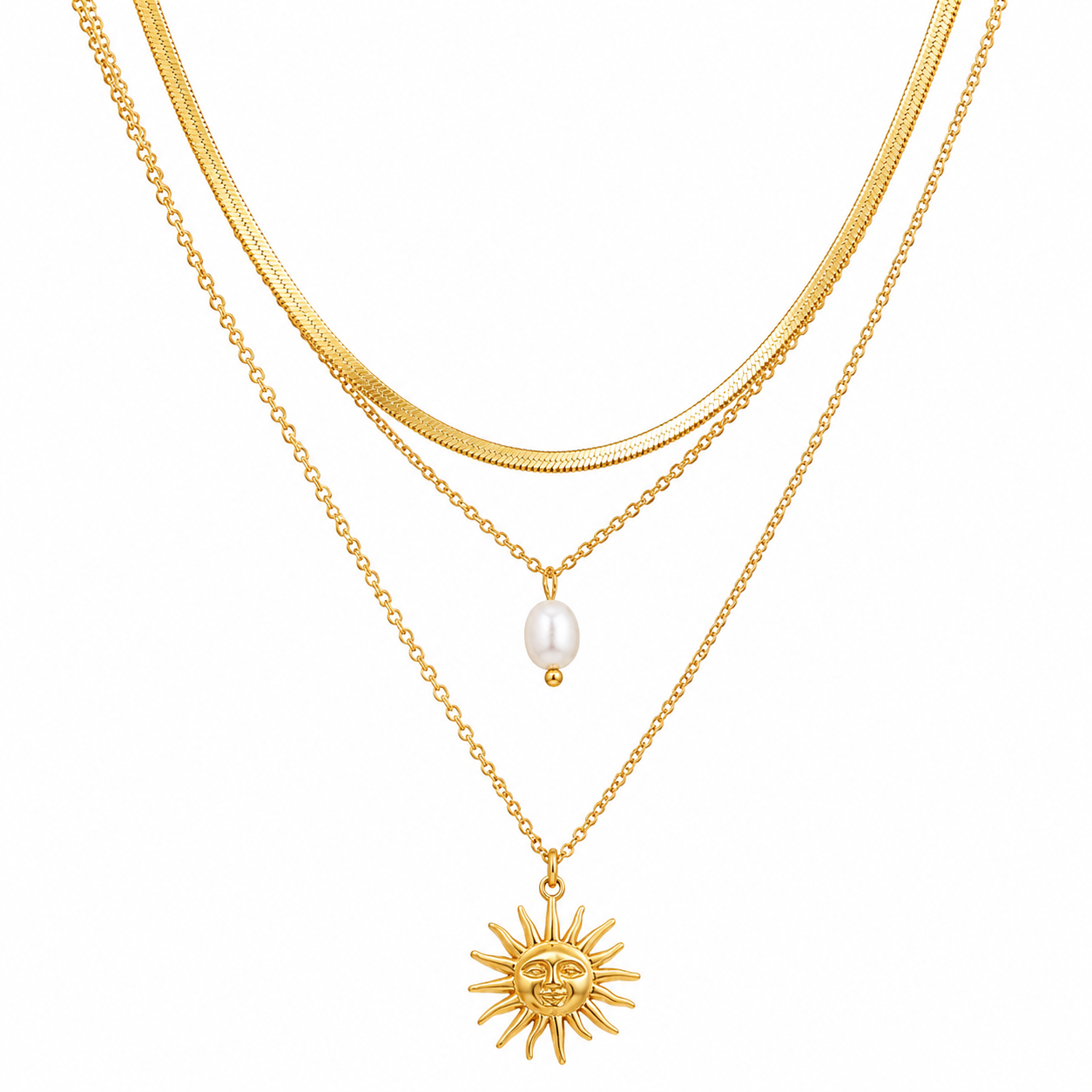 3 Layering Pearl Sun Necklace