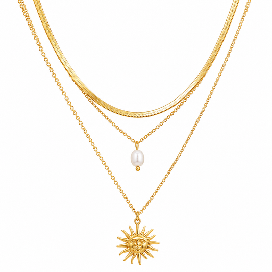 3 Layering Pearl Sun Necklace